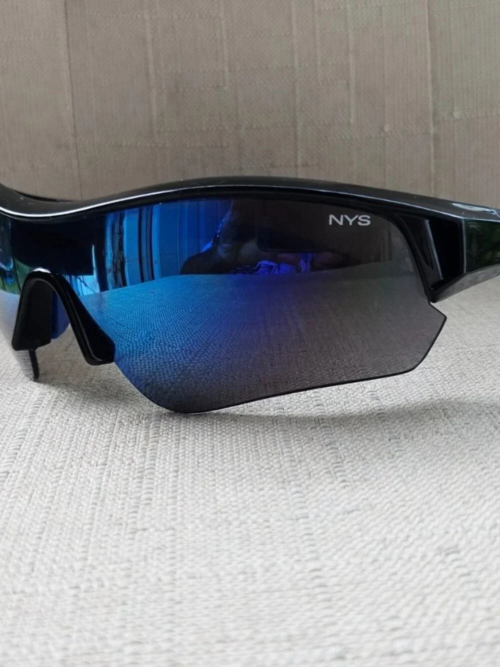 NYS city Men Sunglasses Black Wrap Sport Eyewear Shades Blue Mirror Lenses